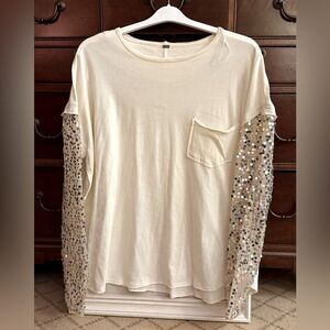 Free People ivory long sleeve flowy top with sequin sleeves M